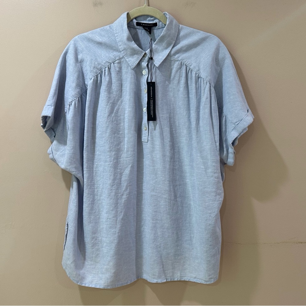 TAHARI Linen Blouse Collared Half Button Top Blue Cap Sleeve Coastal Womens 2X